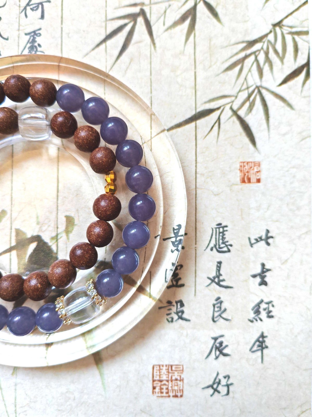 Amethyst crystal and agarwood incense bracelet pair