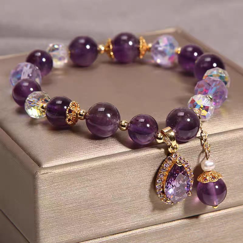 Amethyst and butterfly charm elastic bracelet for women, handmade elastic amethyst beaded bracelet, natural gemstone bracelet for women, jewelry gift, includes gift box.