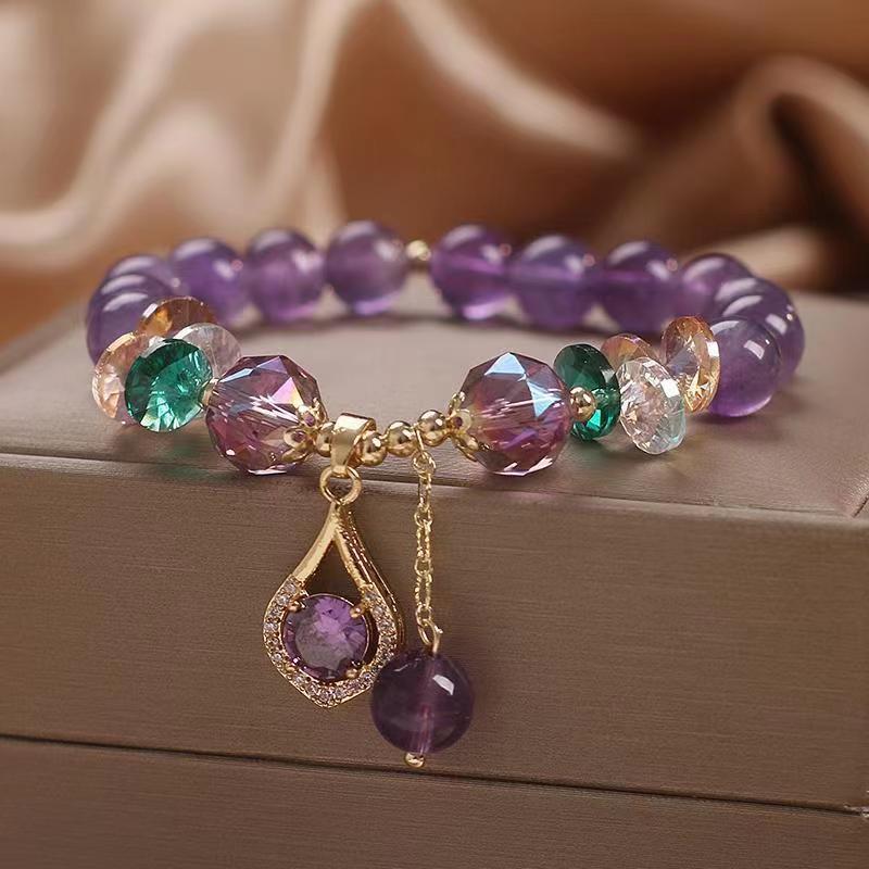 Amethyst and butterfly charm elastic bracelet for women, handmade elastic amethyst beaded bracelet, natural gemstone bracelet for women, jewelry gift, includes gift box.