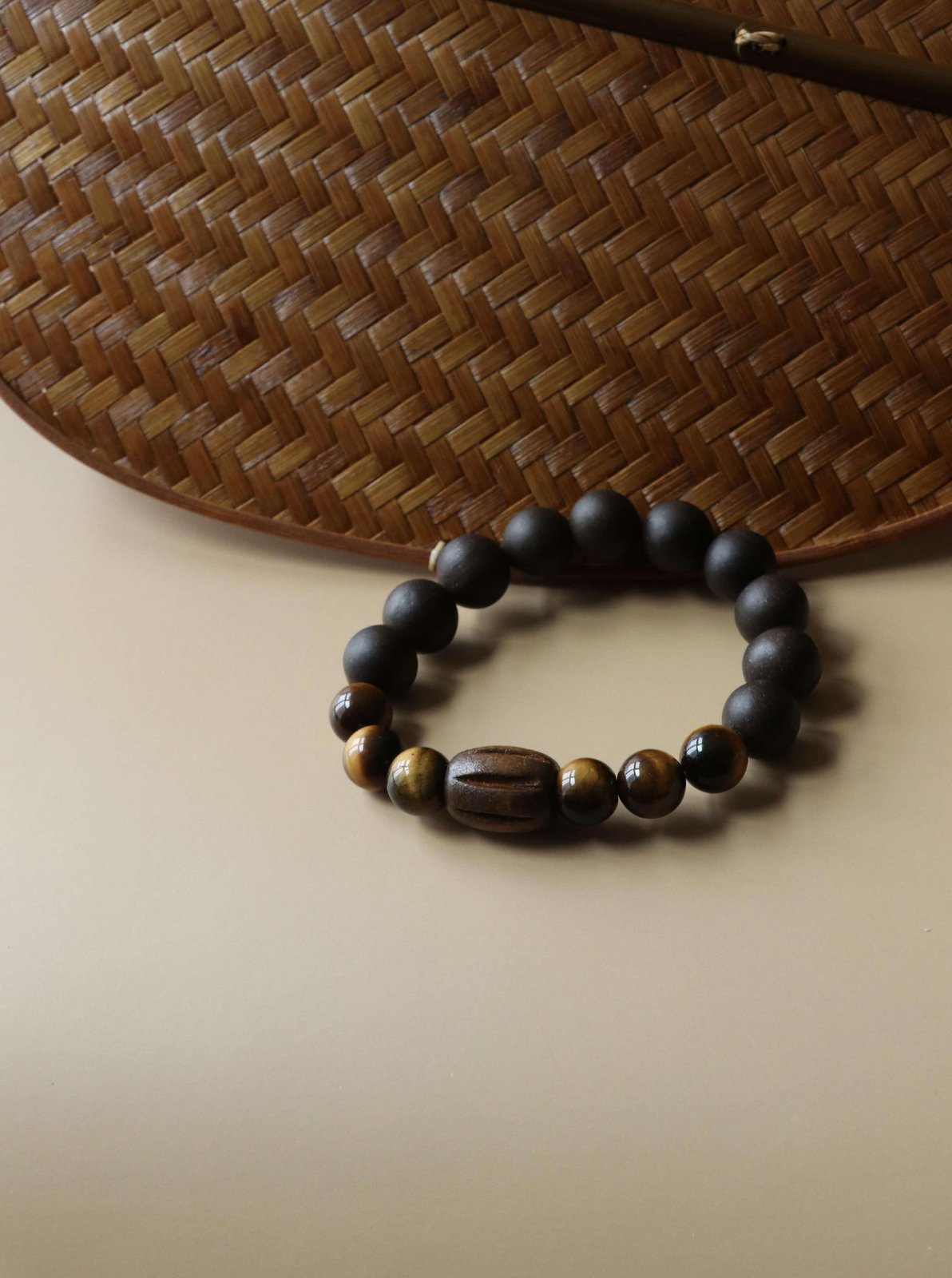 Tiger eye crystal beads close-up, cat eye shimmer
