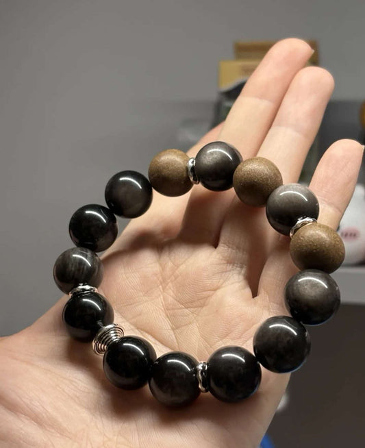 Natural black obsidian bracelet with agarwood incense bead