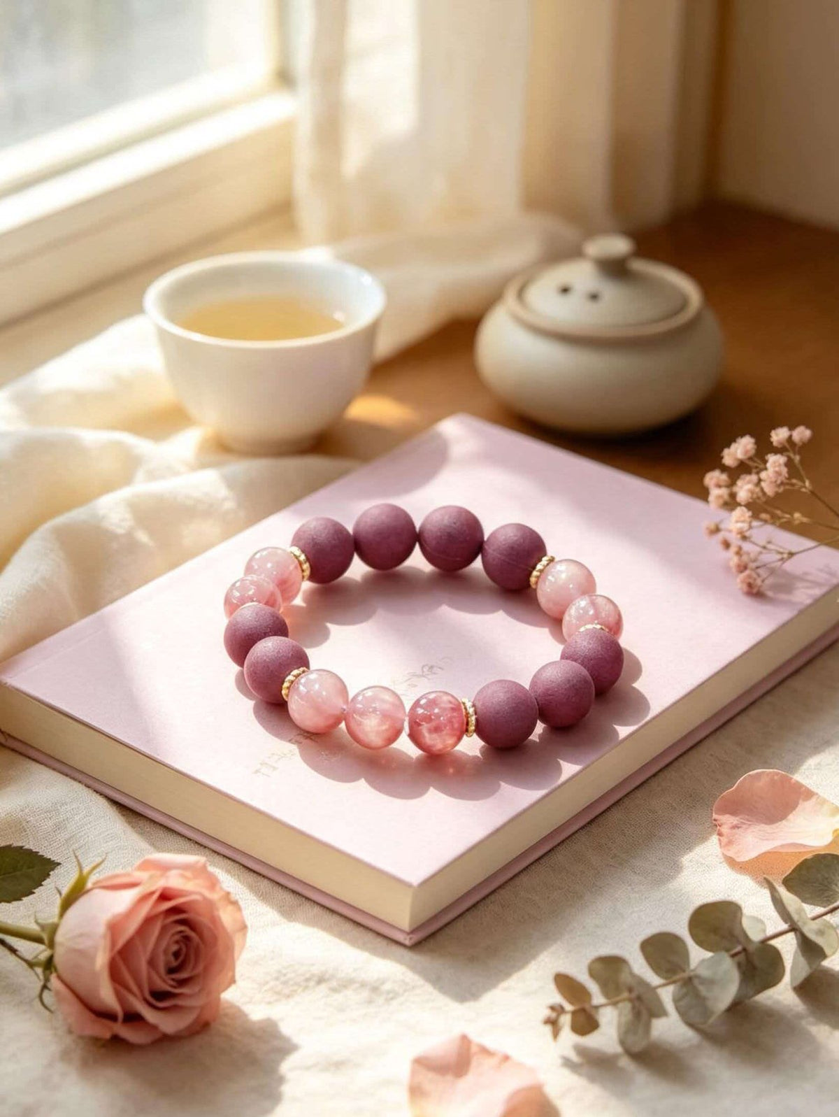 Soft pink rose quartz crystal beads close-up
