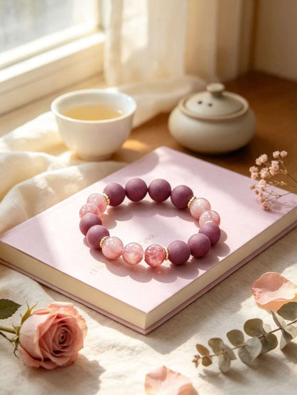 Soft pink rose quartz crystal beads close-up