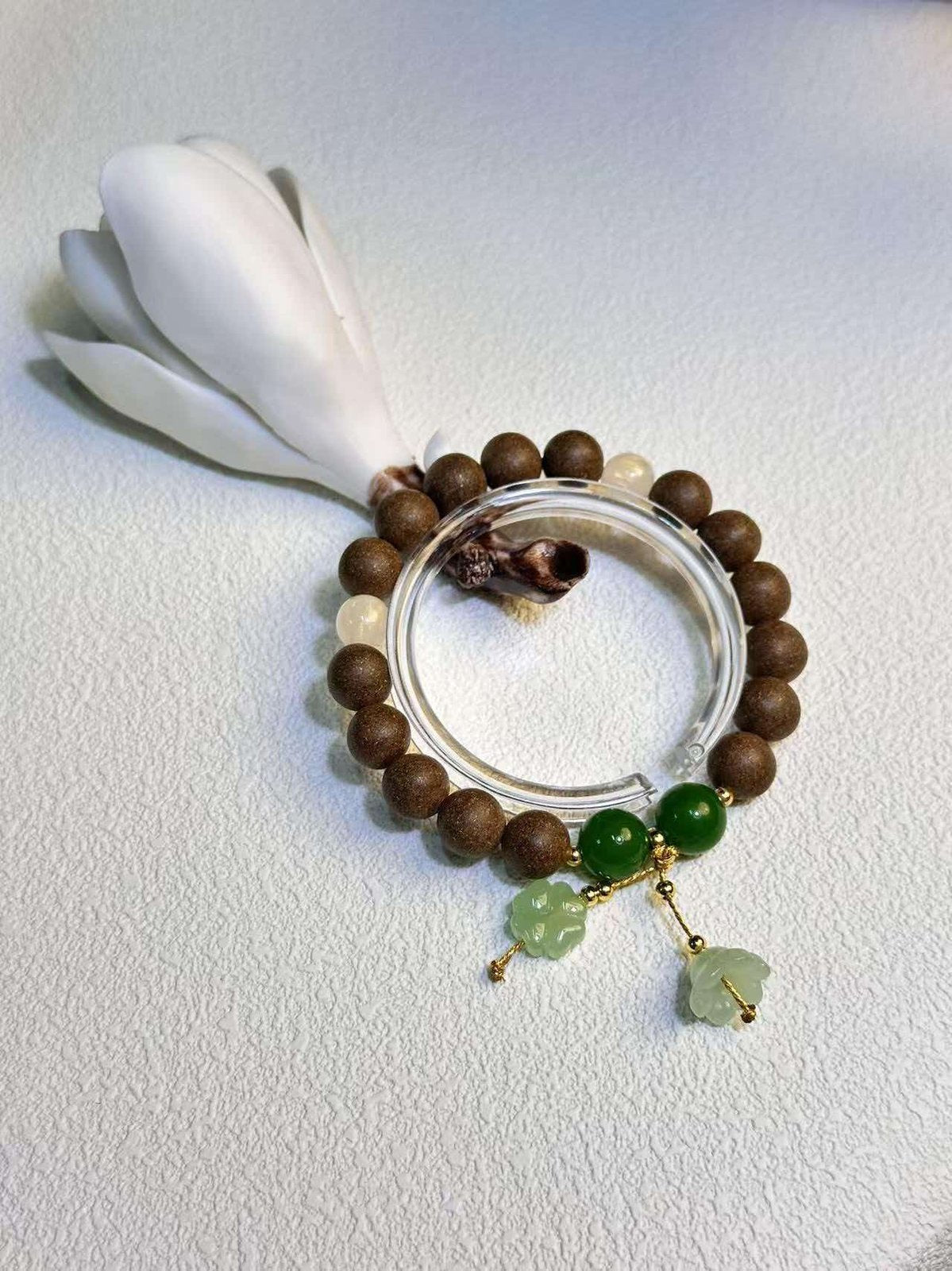 Jade Bracelet for Peace & Good Fortune – Natural Jadeite with Agarwood Accent by CHA SHOW