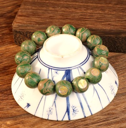 Dunhuang Vermilion Bird Green Carved 12mm Bracelet - traditional Chinese incense bead bracelet made by hand