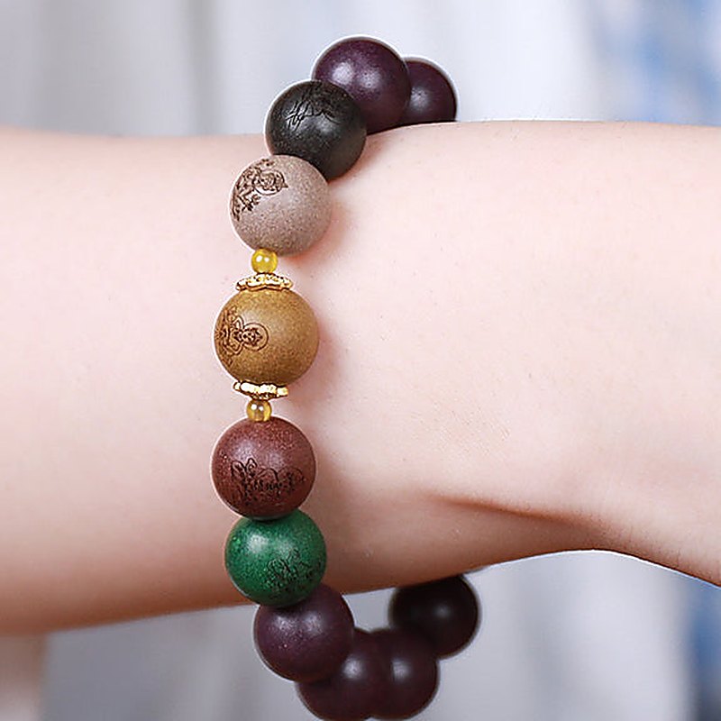 Five Wealth Gods 12mm Bracelet - natural hand-rolled incense bead bracelet detail
