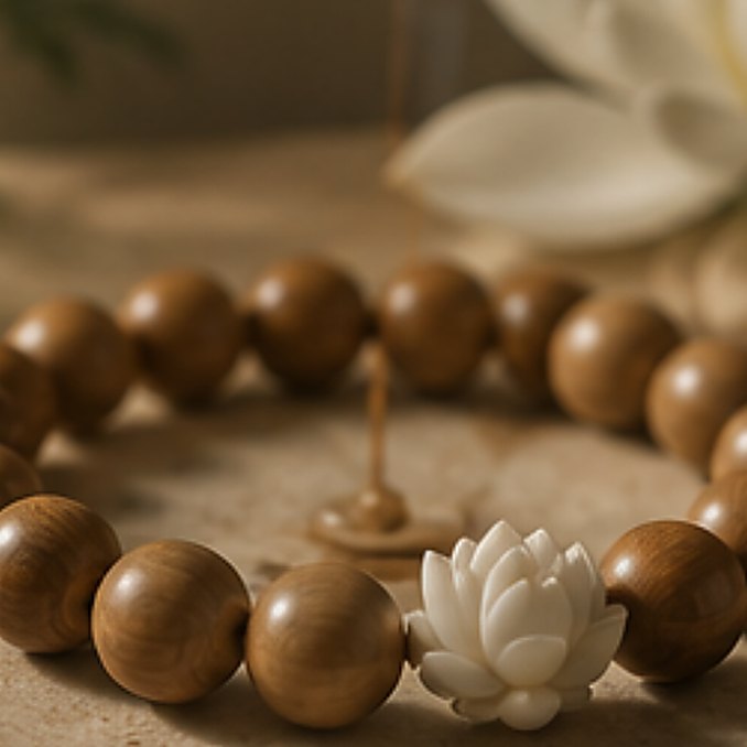 Lotus Sandalwood - natural hand-rolled incense bead bracelet detail