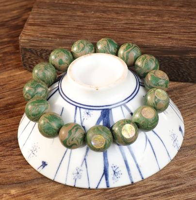 Dunhuang Vermilion Bird Green Carved 12mm Bracelet - handcrafted incense bead bracelet by CHA SHOW